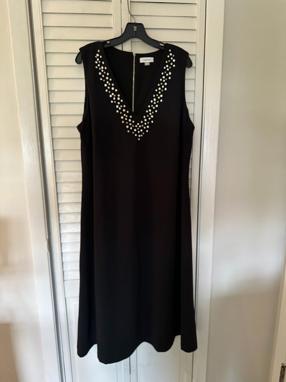 Calvin Klein 18W Black Rhinestone Embellished V-Neck Midi Dress Plus Size